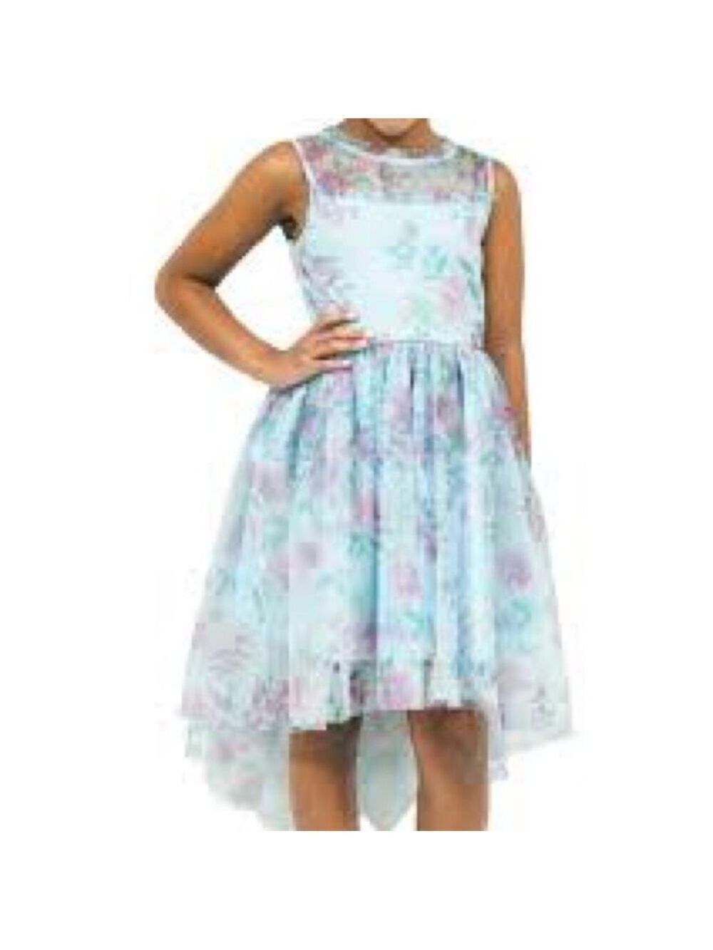 Zunie Girls Light Blue Floral Tulle Overlay Dress with Pink Flowers XL(14/16)